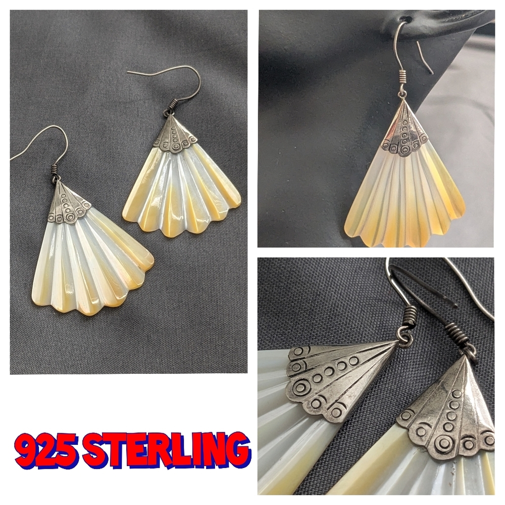 Vintage 925 Sterling Silver Handmade Shell Dangling Earrings